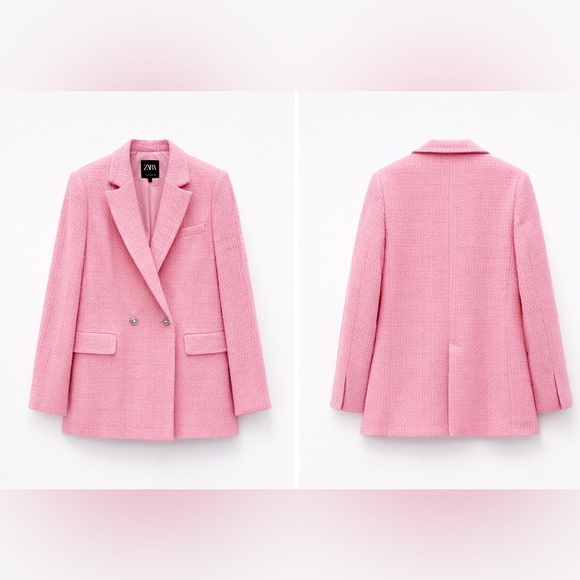 ZARA Pink Tweed Blazer L Textured Bouclé Rhinestone Button Jacket Blogger Viral - Picture 6 of 16
